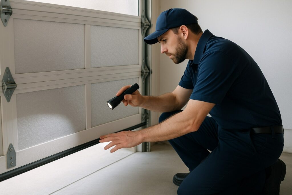 Technician using a flashlight to inspect the bottom seal during a garage door tune-up, ensuring proper alignment and smooth operation.