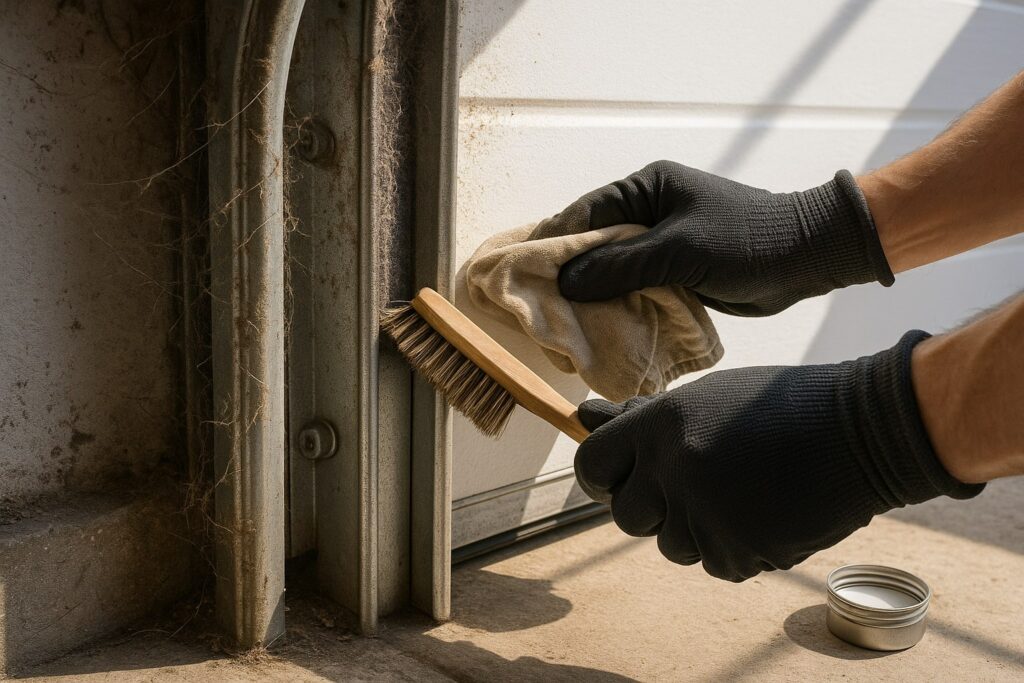 Garage door repair close-up of technician cleaning and lubricating the door track.
