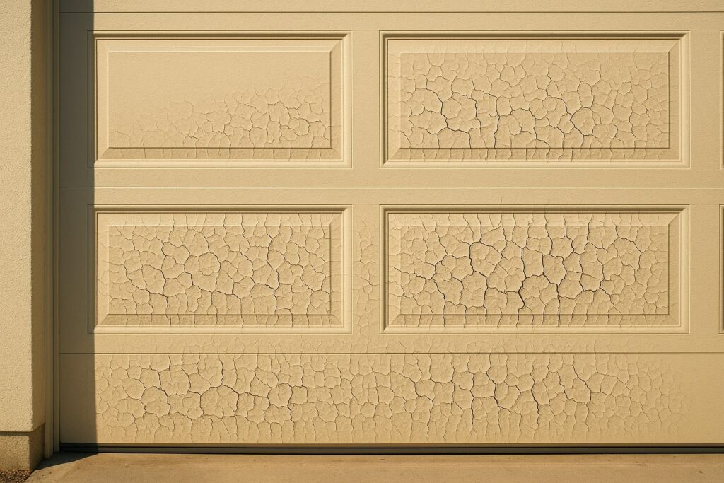Garage door repair close up of a sun damaged, cracked garage door panel.